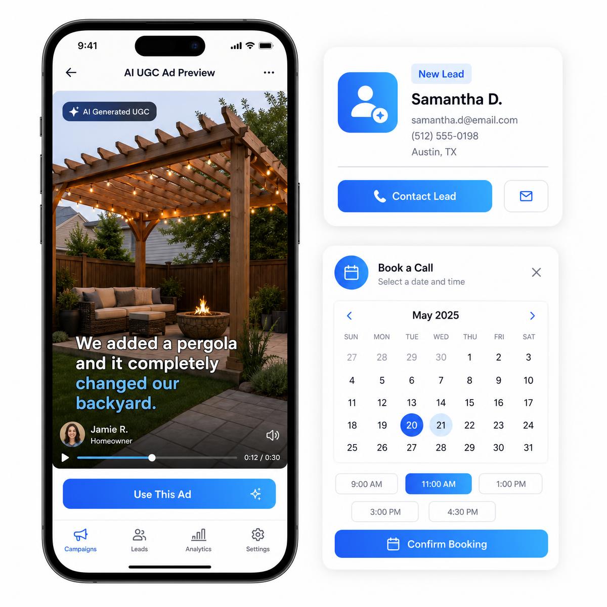AI UGC pergola video ad preview beside a new lead card and calendar booking widget