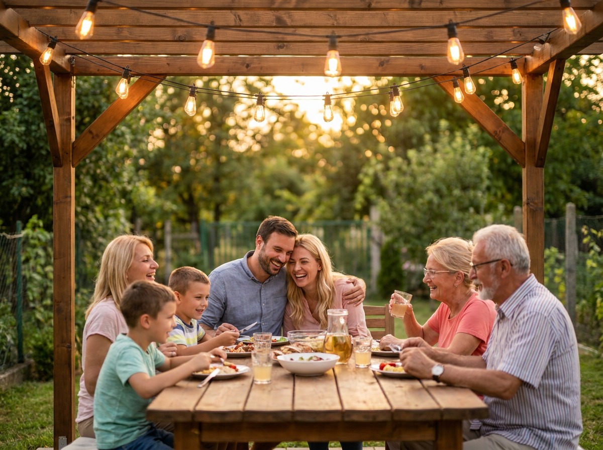 Happy family enjoying dinner together under a pergola with string lights at sunset
