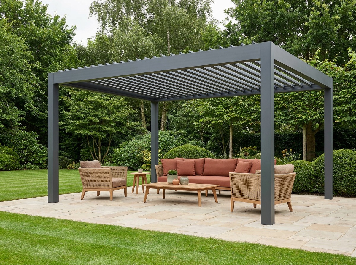 Modern grey aluminium louvered pergola over a garden patio lounge in an open backyard